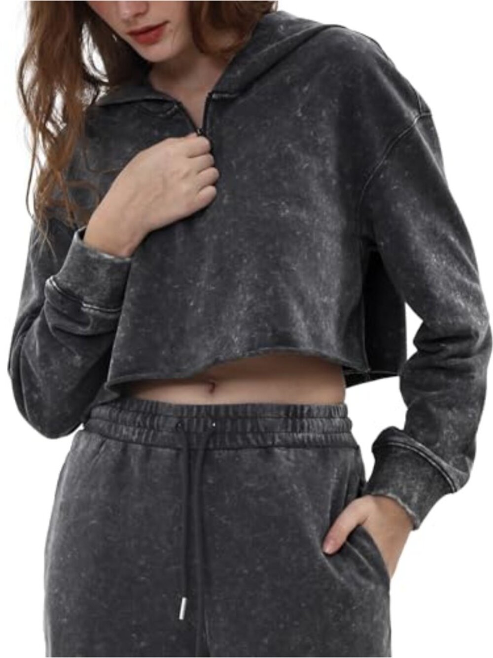 Women's Acid Wash Cropped Half Zip Hoodie Vintage Sweatshirt